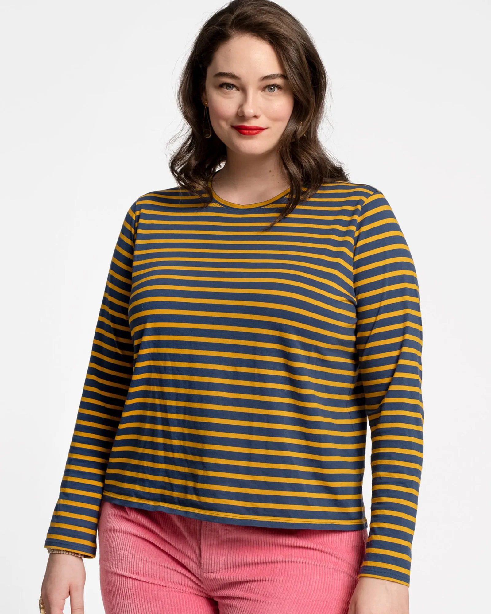 Long Sleeve Striped Tee Shirt Navy Mustard