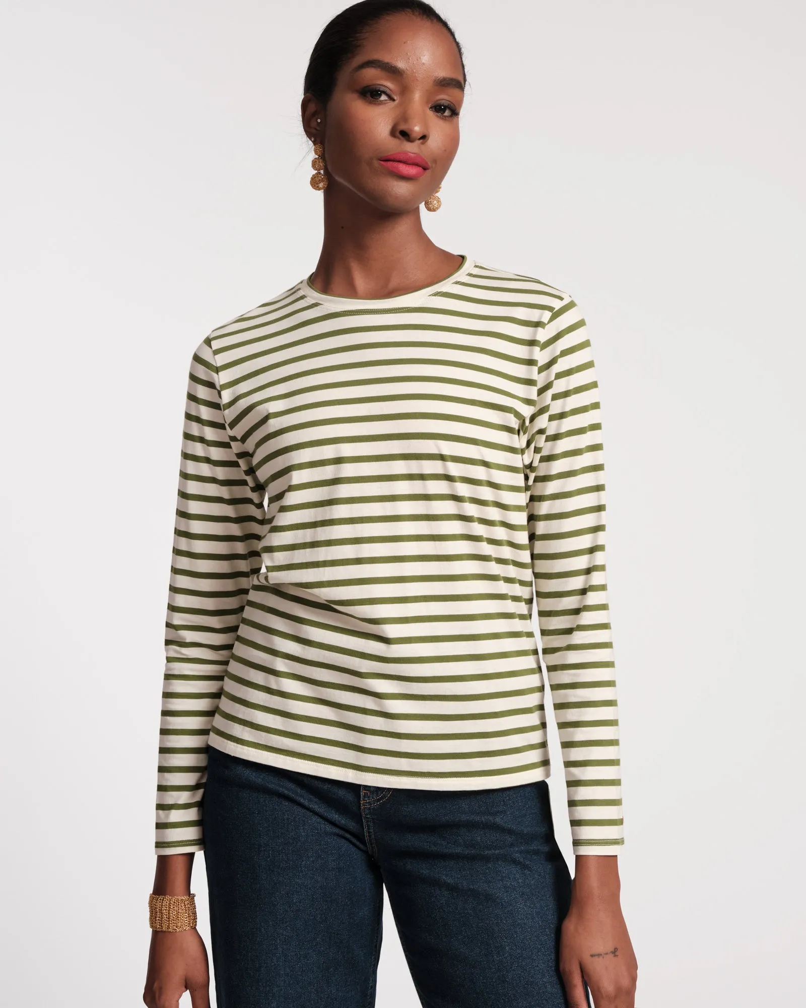 Long Sleeve Striped Tee Shirt Oyster Green