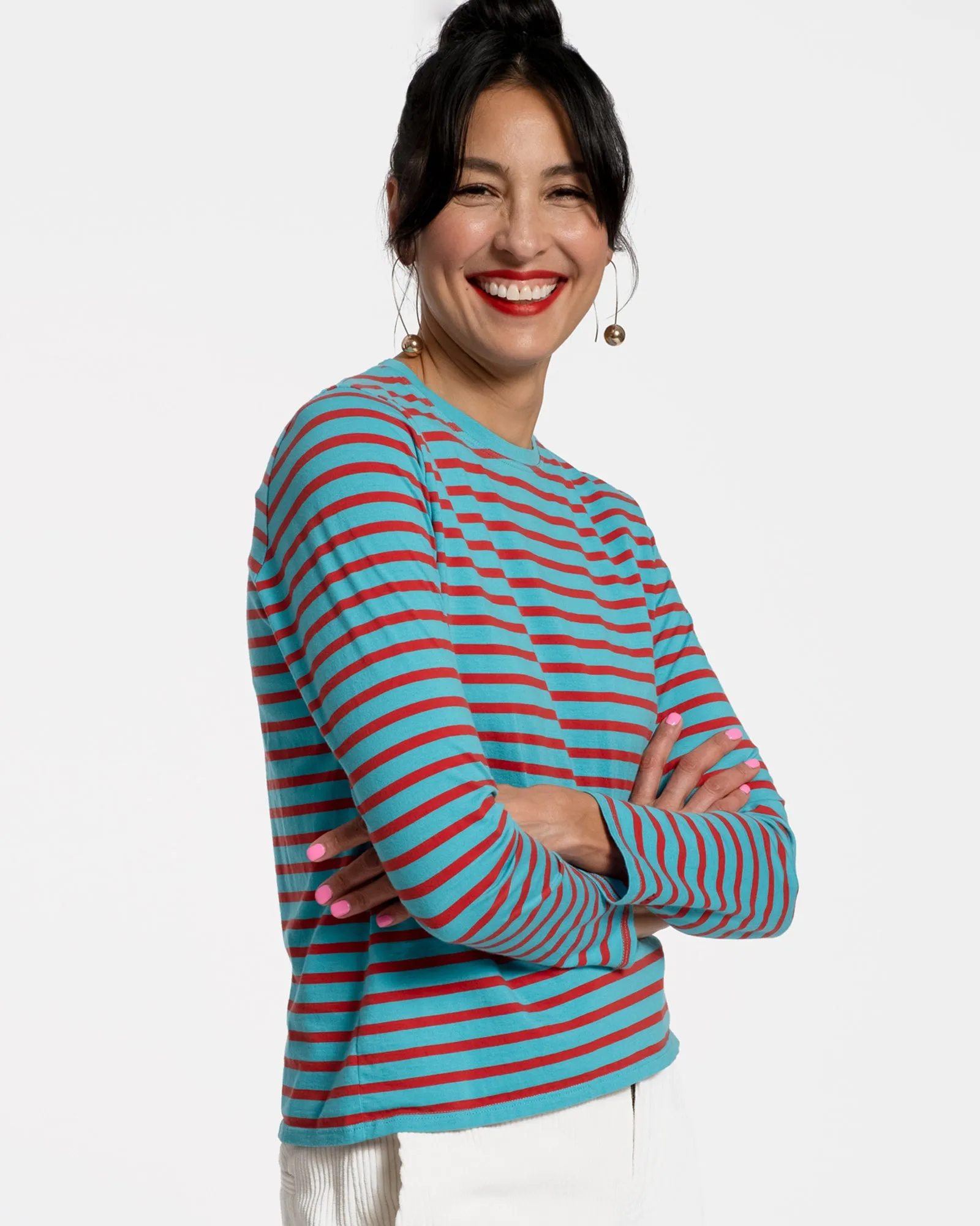 Long Sleeve Striped Tee Shirt Turquoise and Red
