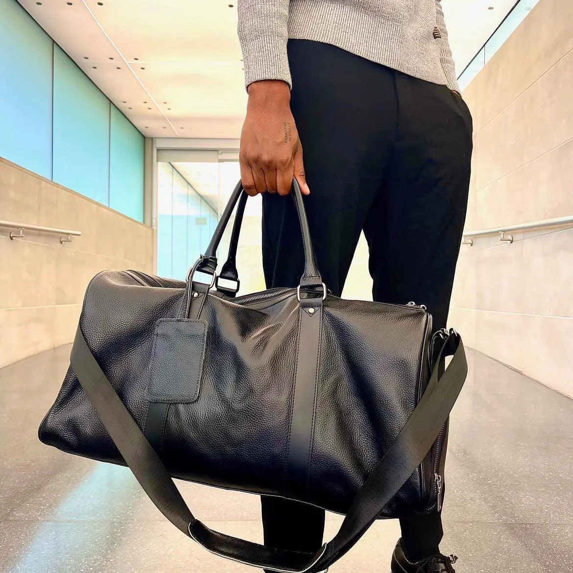 Mens Leather Overnight Luggage Weekender Duffel Bag Black